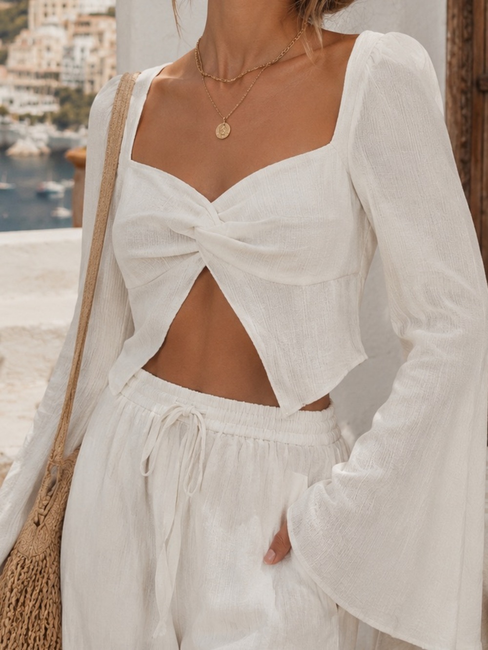 Princess Polly White Twist Front Bell Sleeve Crop Top US 6 Boho